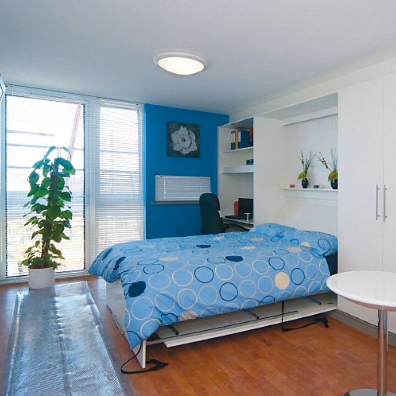 Bedroom interior with double bed and plant