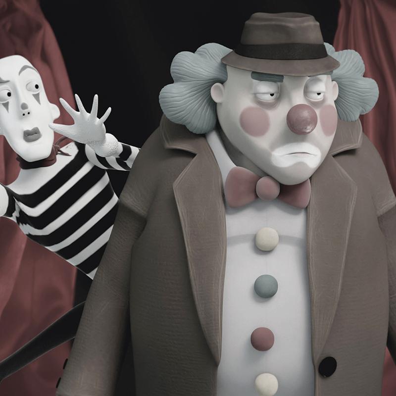 Animation of mime artist behind a grumpy clown