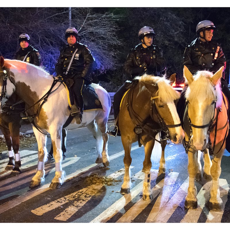 Four horse mounted policemen with helmets.