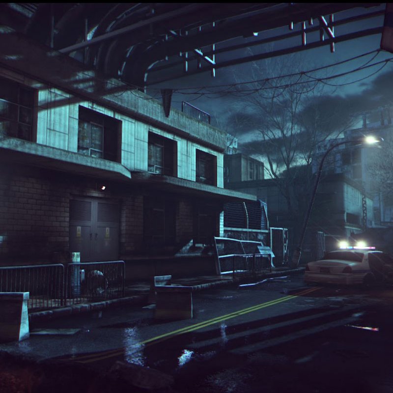 Game animation still of a building and street at night