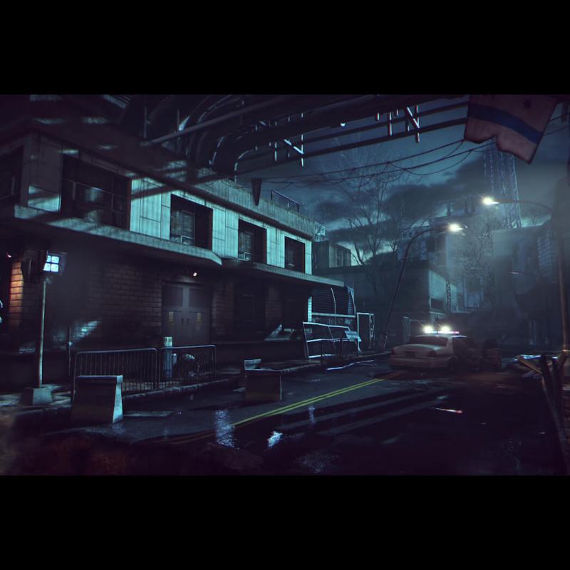 Digital illustration of dark city scene, dimly lit with police car.