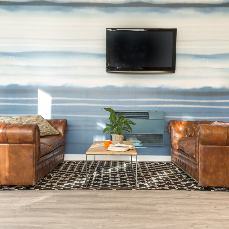 Two leather sofas with a coffee table and TV