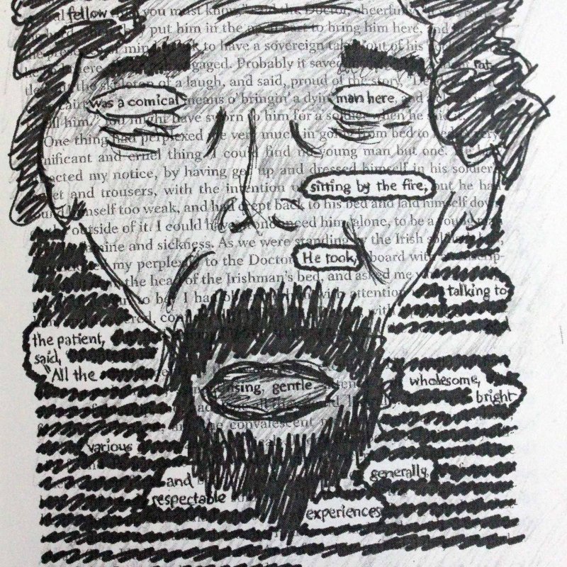 Drawing over a page in a book of mans bearded face, words scribbled out and highlighted.
