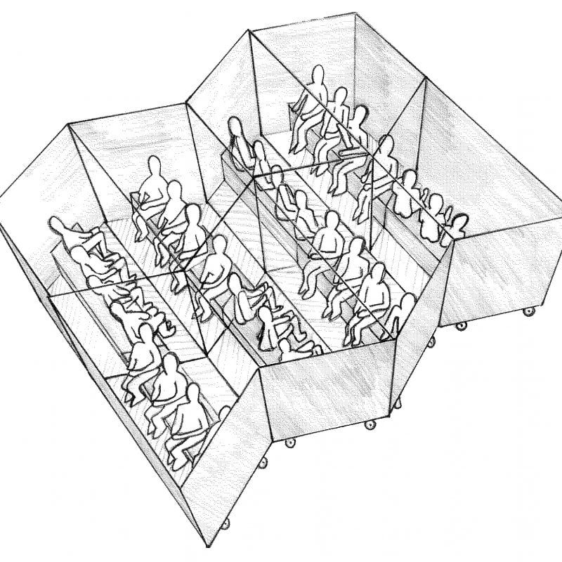 Drawing of figures sat in mirrored seating arrangement