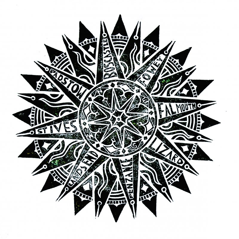Illustrated compass with Cornish town names