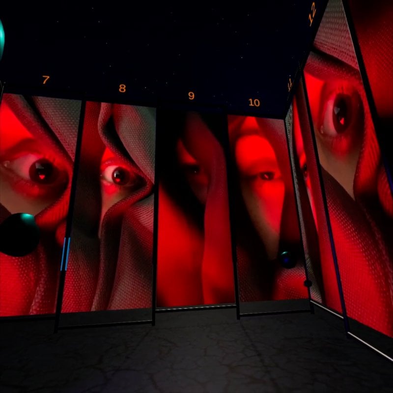a multi-panelled digital screen with a person's eye projected