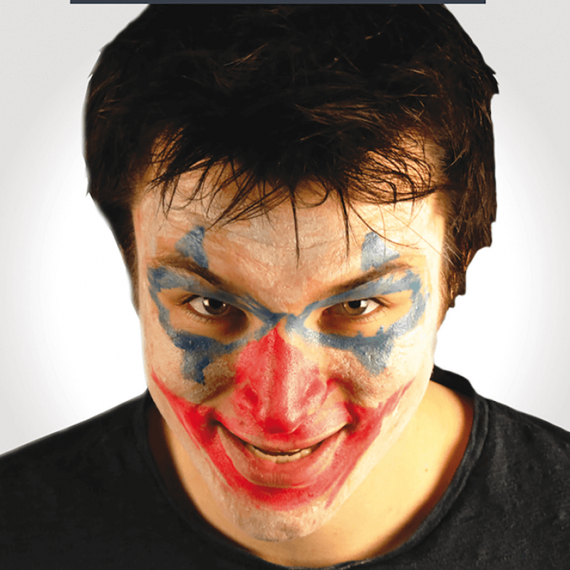 Man with scary face paint on a Facebook poster