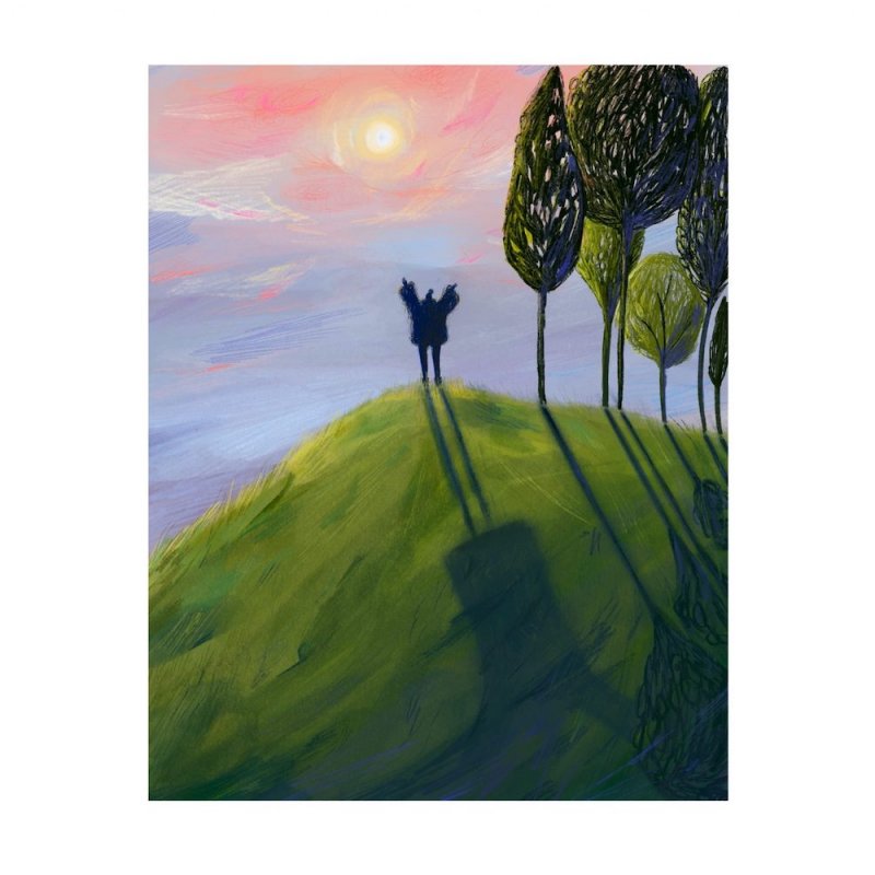 Illustration of a person on a hill with trees at sunset