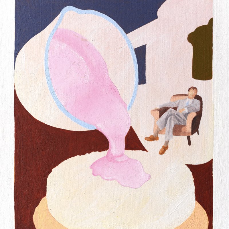 A painting of a man in an armchair with a giant tea cup