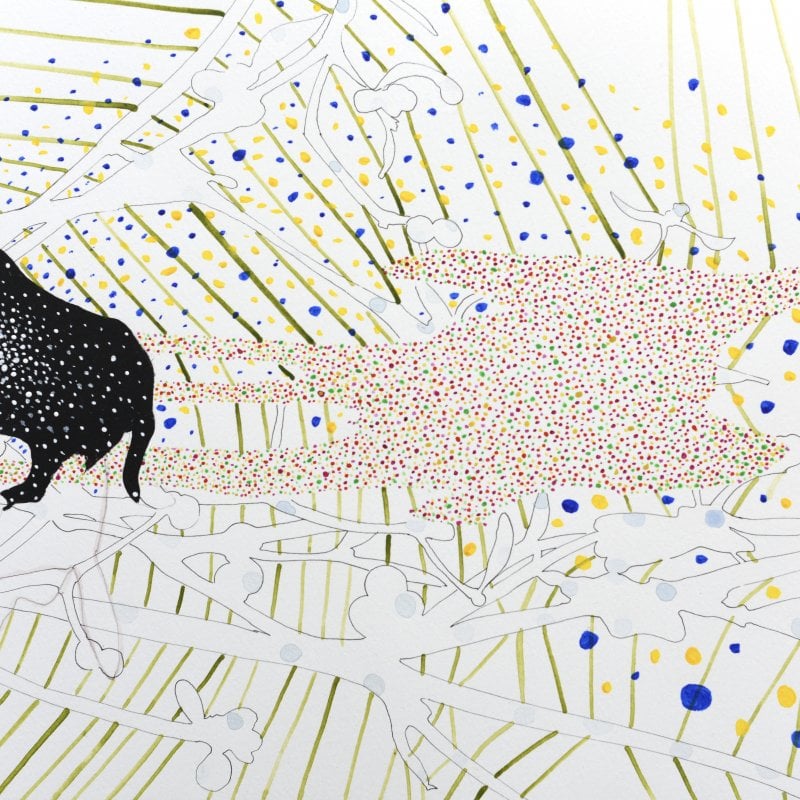 A painting of a black animal with dots
