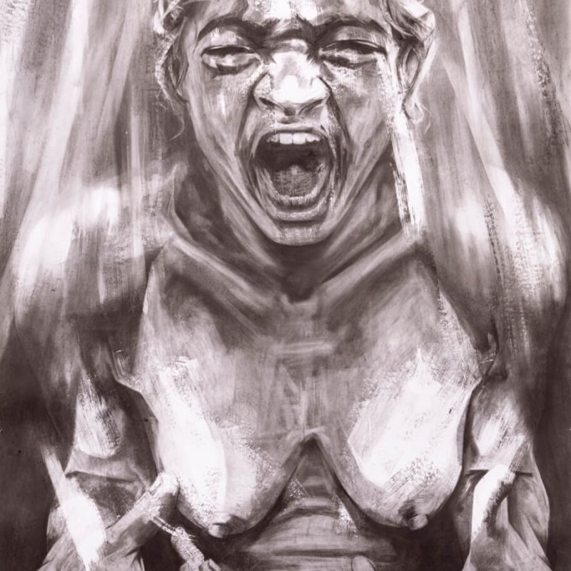 Drawing of naked female from waist up with contorted hands and screaming face.