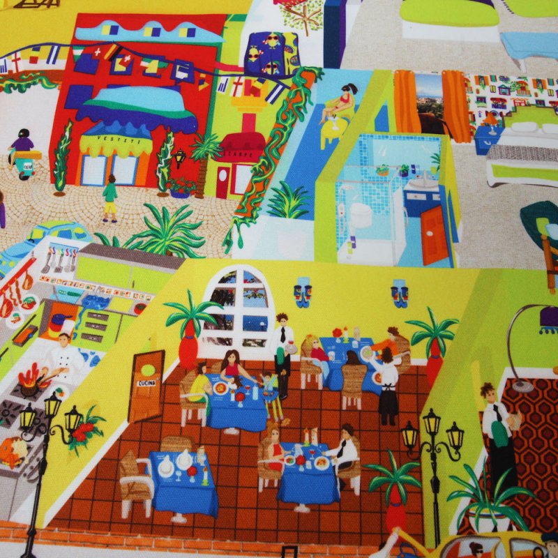 Brightly coloured illustrated fabric design of streets and interiors.