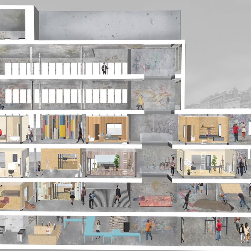 Digital artwork cross section of a building design with multiple floors