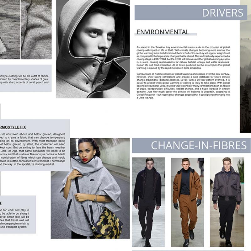 Sportswear mood board, fabric samples, atmospheric forest image, models in trendy urban sportswear.