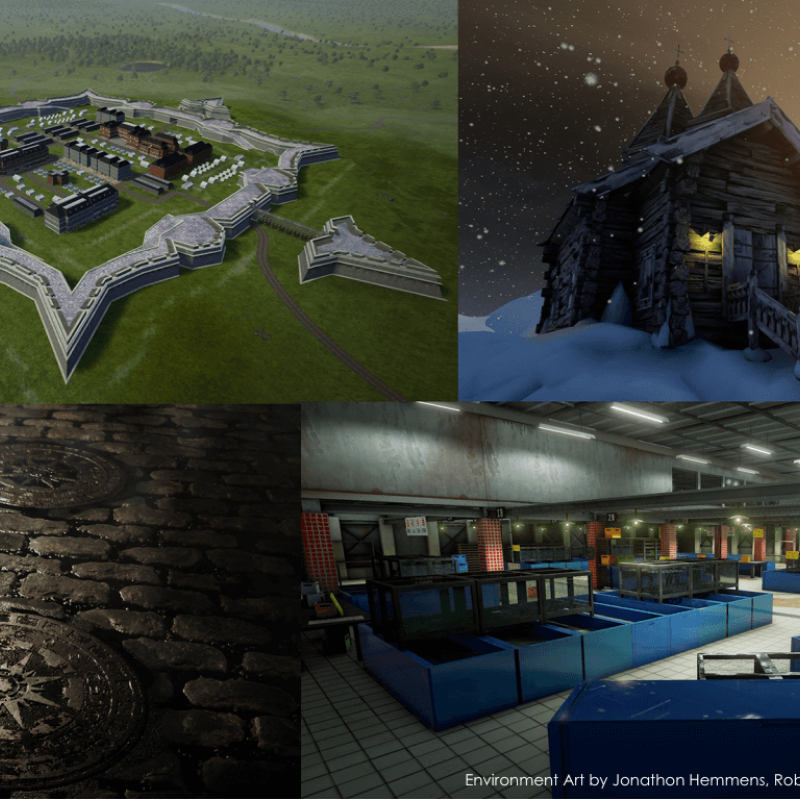 Collage of various environment artworks.