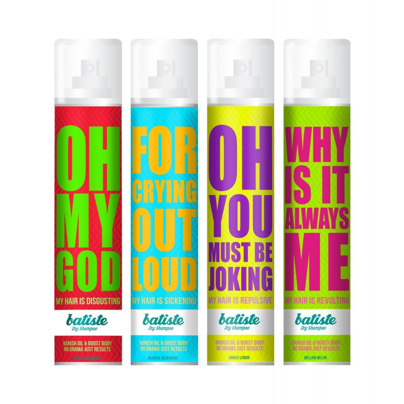 Bright coloured aerosol cans with bright, bold typography.