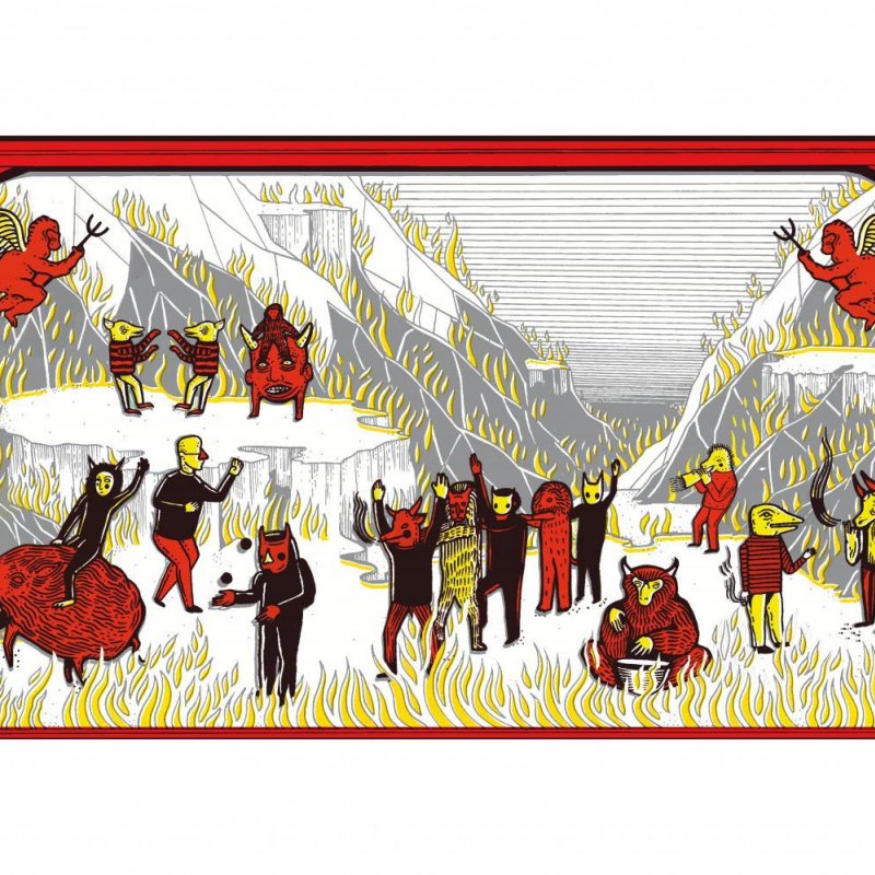 Folklore style illustration, creatures and fire in red, black and yello