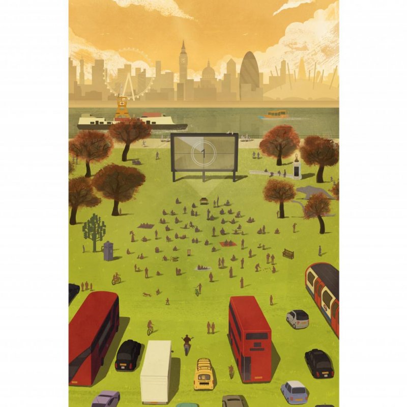Illustration of a park with people, trees and a cinema screen, with the London cityscape in the background