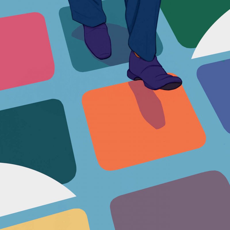 Illustration of feet walking on coloured tiled floor.
