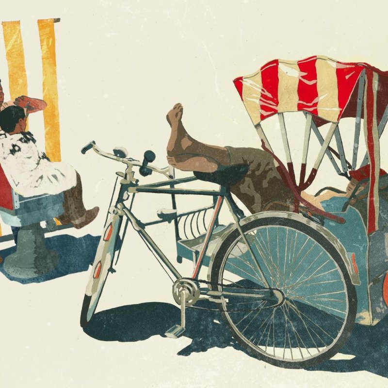 Illustration of barber cutting hair in front of yellow striped background. Man sleeping in bicycle trailer, feet in the air.