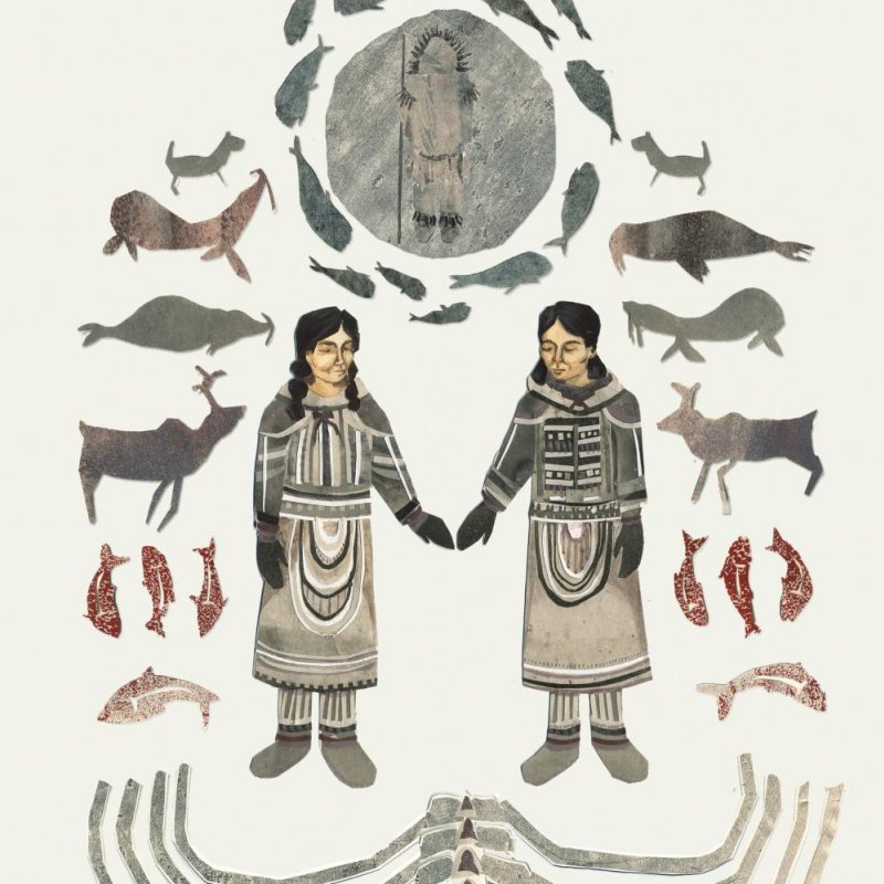 Illustration of two inuits holding hands with animals and fish surrounding them.