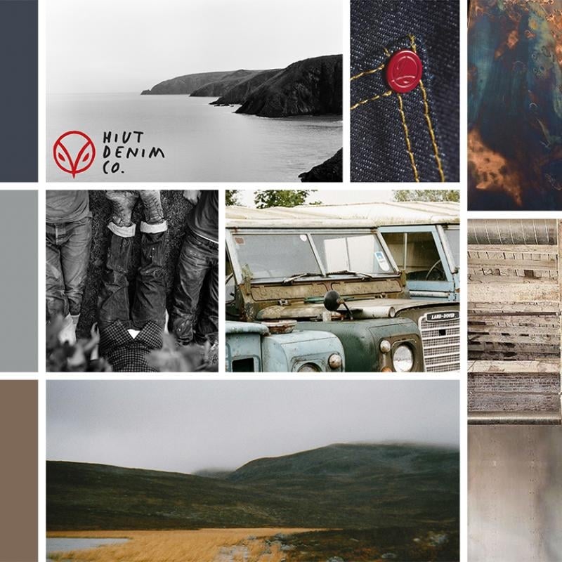 Collage squares of denim, landrovers, sea and cliffs, rural landscape.