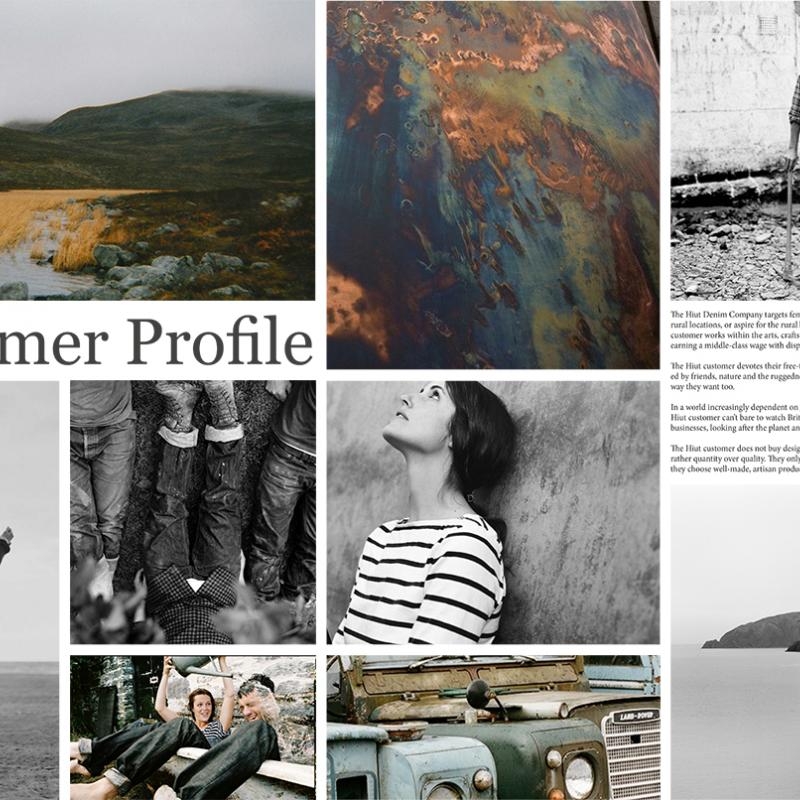 Collage squares, girl in striped t-shirt, rugged man, land rovers, rural scene.
