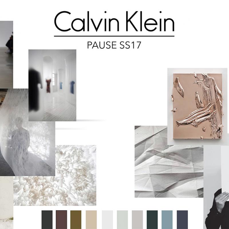 Calvin Klein mood board, muted pastel colours and white satin dress on model.