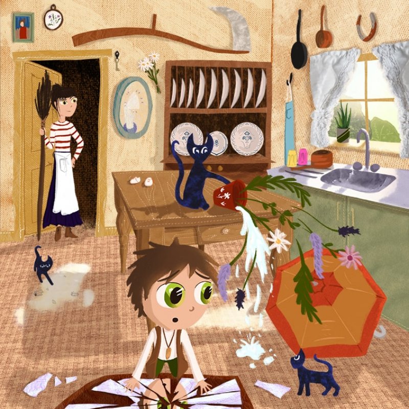 Illustration of a child and cats making a mess in a kitchen