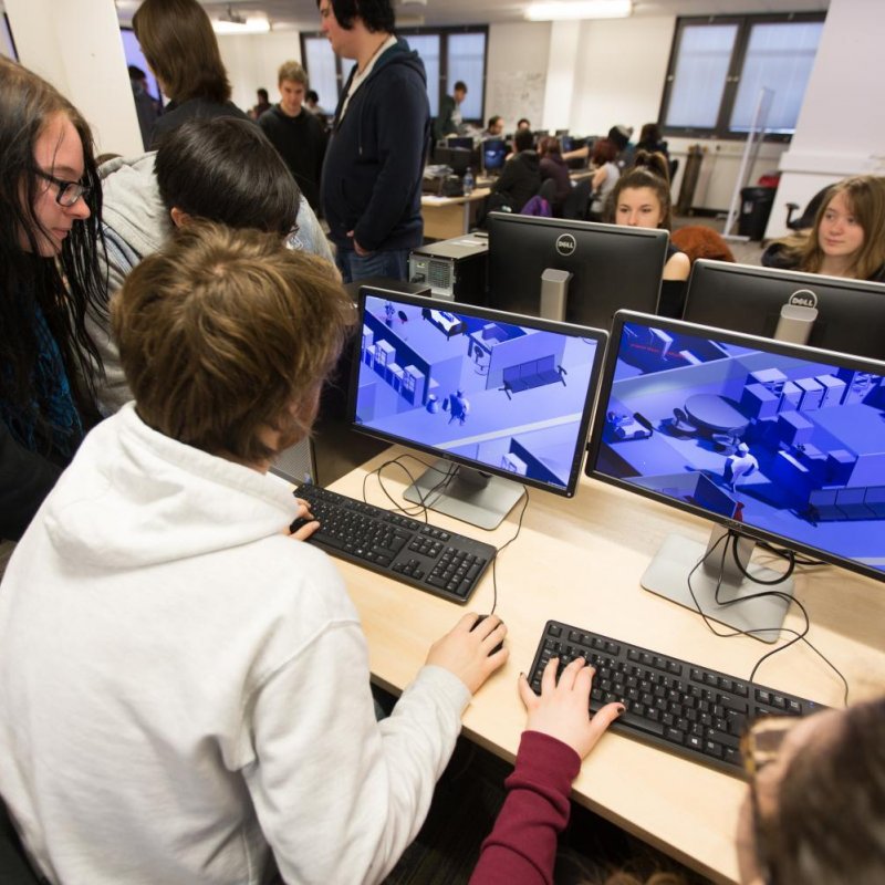 Games students working on computers.