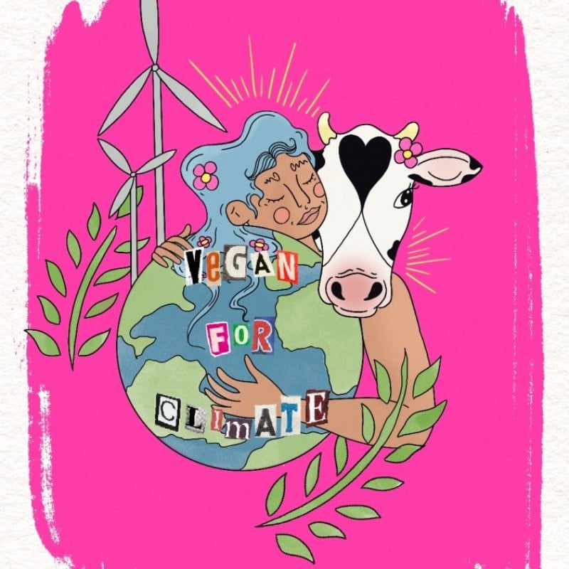 Illustration shows a woman hugging a cow, with 'Vegan for climate' overlayed as text.