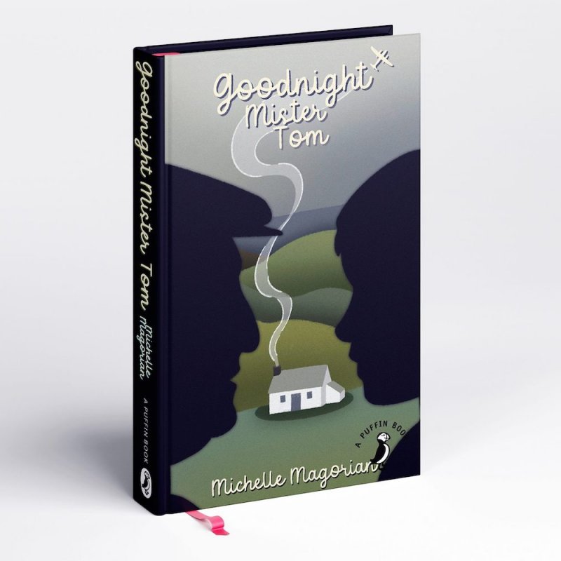 Book cover illustration of a house and hills between two silhouette faces