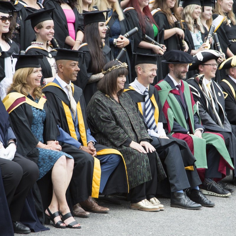 Staff, students and Dawn French at graduation 