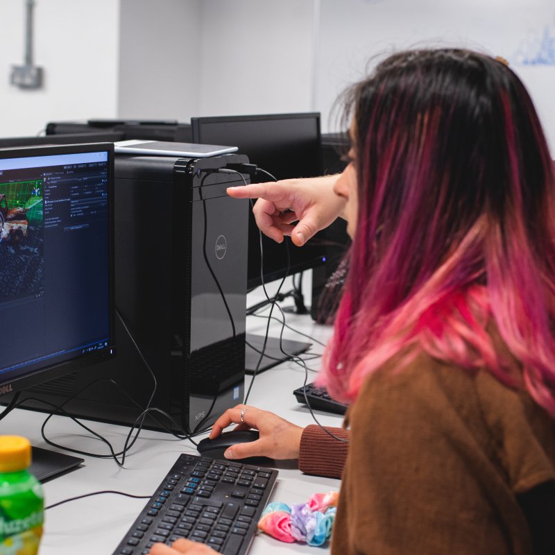 man and a woman with pink hair sat at a computer