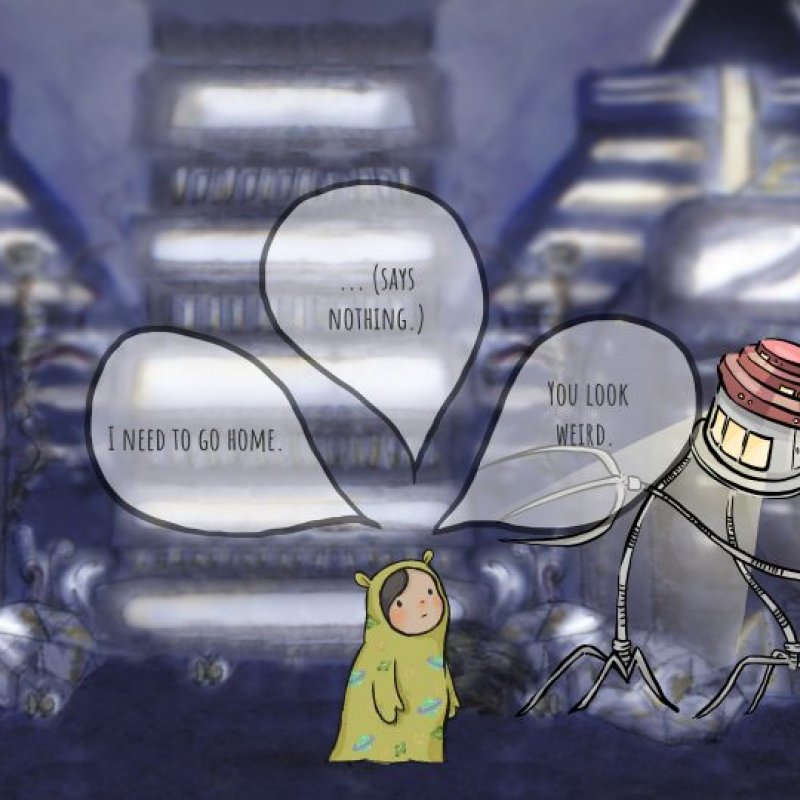Animation of little figure with speech bubbles