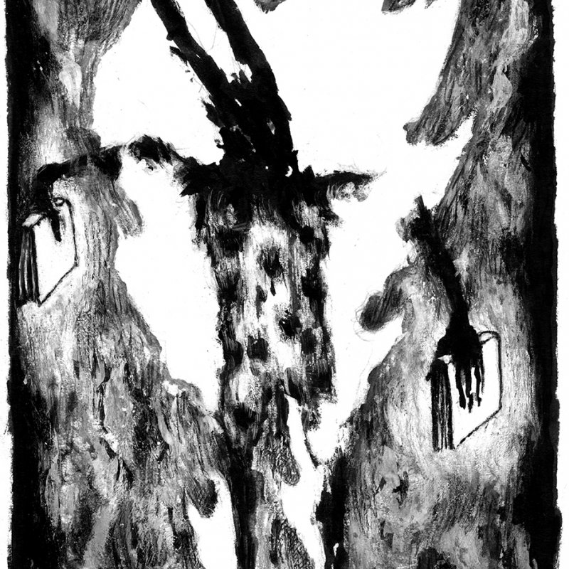 Black ink illustration of a hare