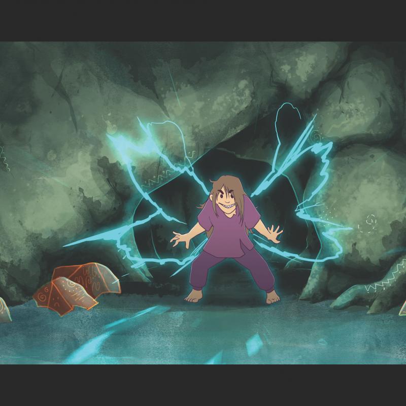 Animation still of character in cave with abstract luminous lights