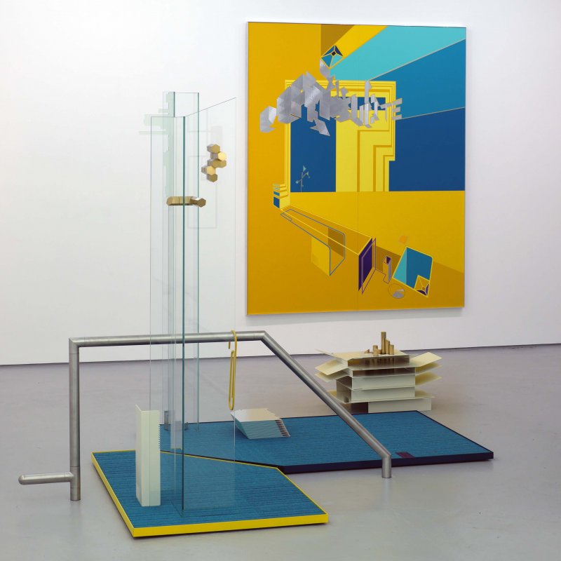 Photograph of a gallery space with a yellow canvas on the wall and metal banisters