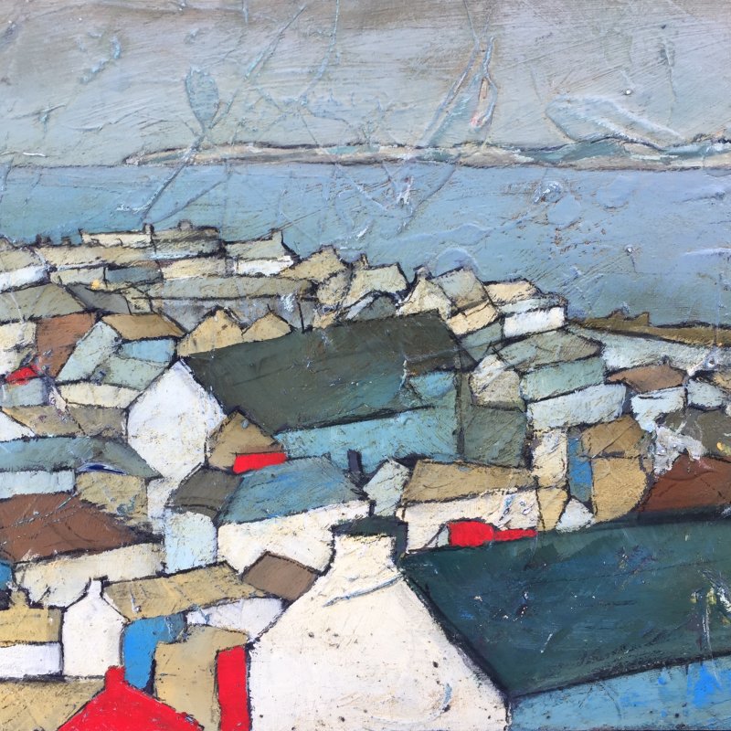 Painting of houses and rooftops next to the