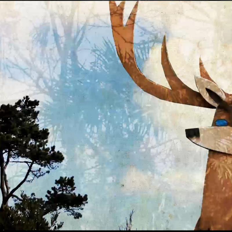Animation of deer with tree and clouds background