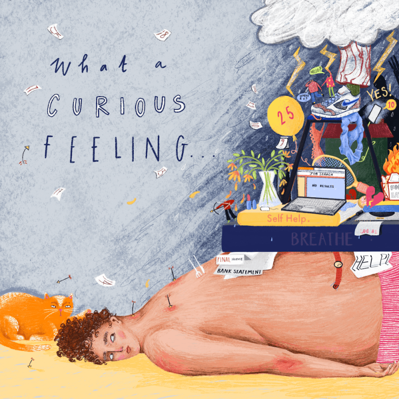 Falmouth University Illustration artwork of a person lying on the floor with books and objects on top of the person.