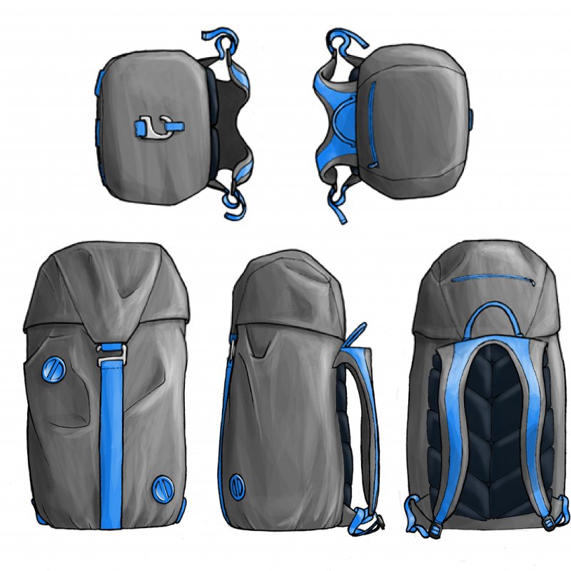 Digital designs for a grey and blue backpack.
