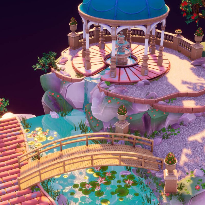 A still from a student game of a pink palace with a bridge over a pond