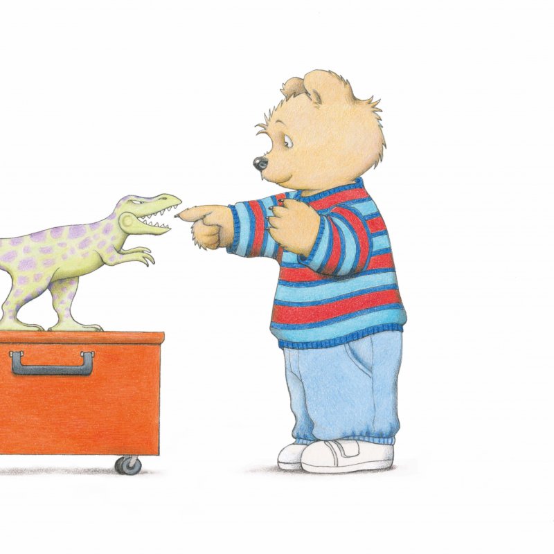 Jill Murphy illustration of bear pointing at dinosaur 