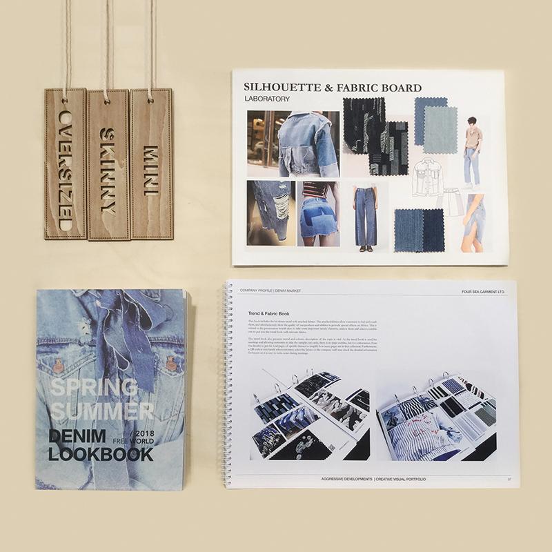 Denim moodboards and lookbook, laser cut wooden tags.