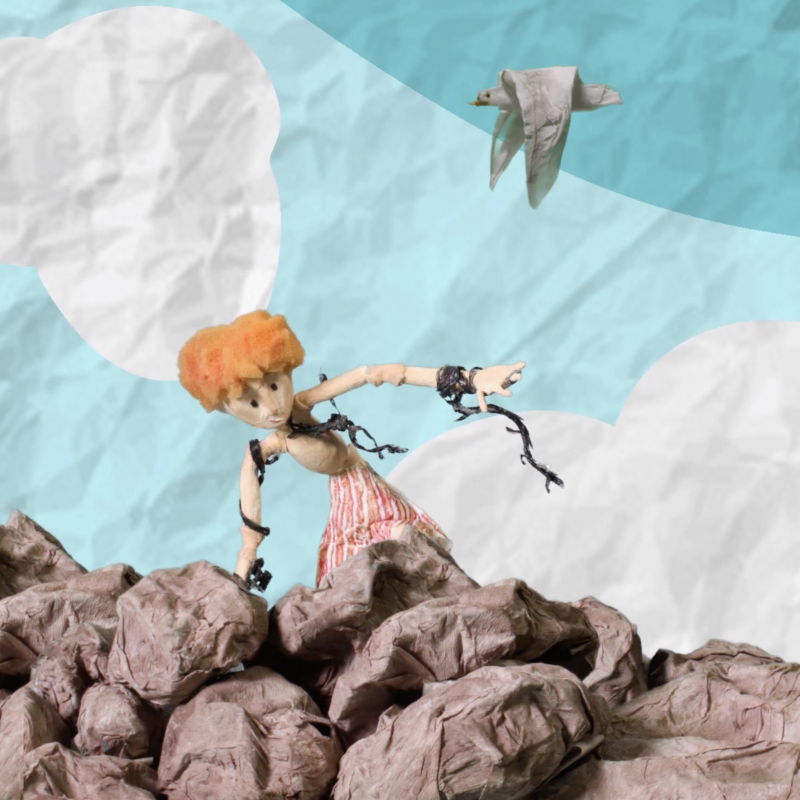 Animation of figure climbing on rocks
