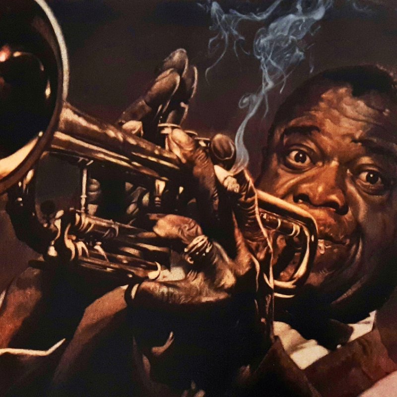 Painting of Louie Armstrong playing the trumpet