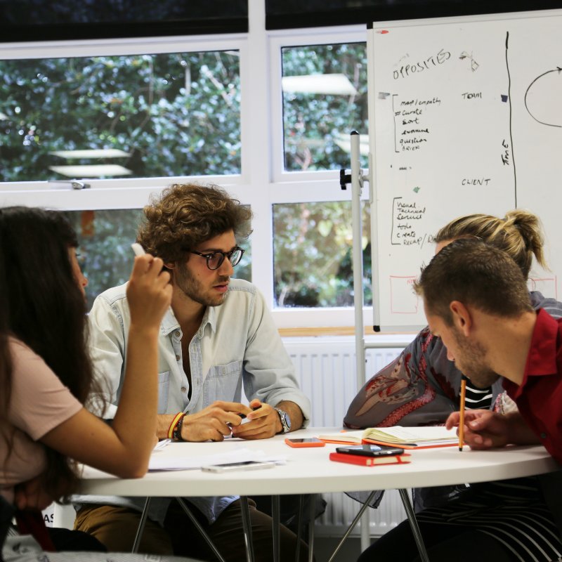 Students working together at desk, whiteboard behind them with ideas on.