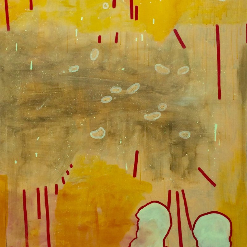 Predominantly yellow painting, pale green silhouettes and red lines.