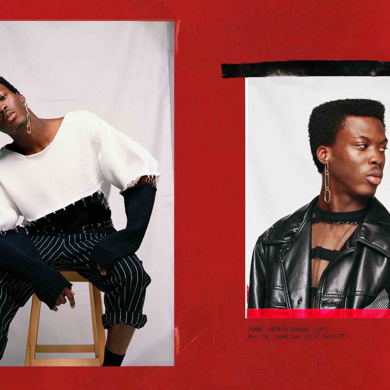 Model wearing white and black jumper and leather jacket, set on red background.